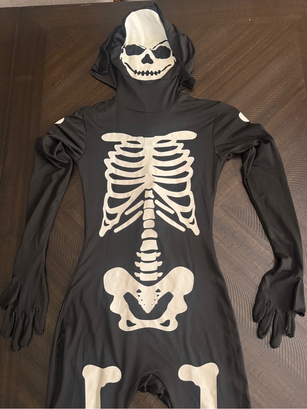 Kids Black & White Skeleton Costume Hooded Jumpsuit Size Medium 8-10